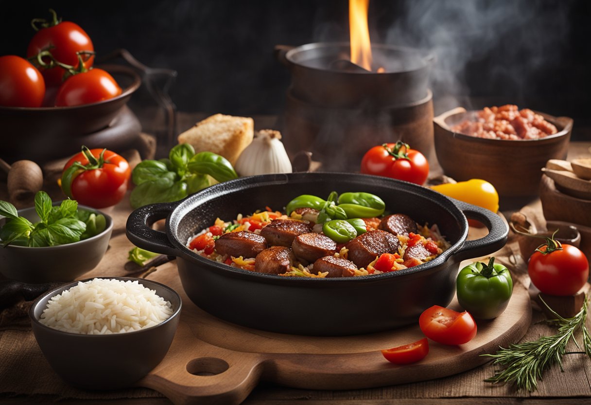 Uma mesa de madeira rústica posta com ingredientes: arroz, carne, linguiça, pimentões e tomates. Uma panela de ferro fundido cozinha em fogo aberto.