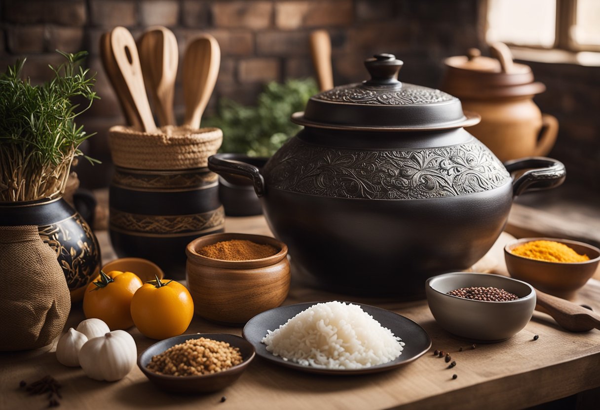 Uma cozinha rústica com uma panela borbulhante de arroz carreteiro cercada por utensílios e ingredientes tradicionais como arroz, carne bovina e especiarias.