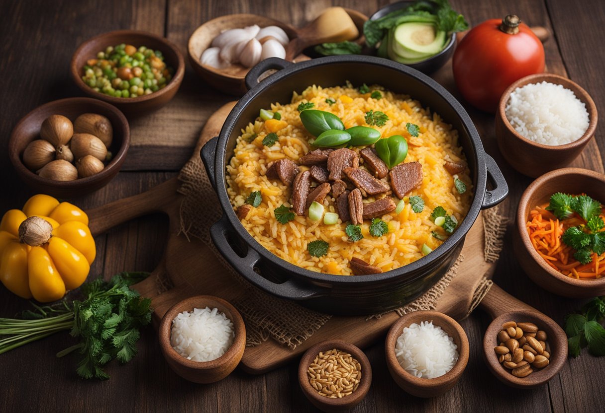 Uma mesa de madeira rústica com uma panela fumegante de "arroz carreteiro" tradicional brasileiro, cercada por ingredientes como arroz, carne e legumes.