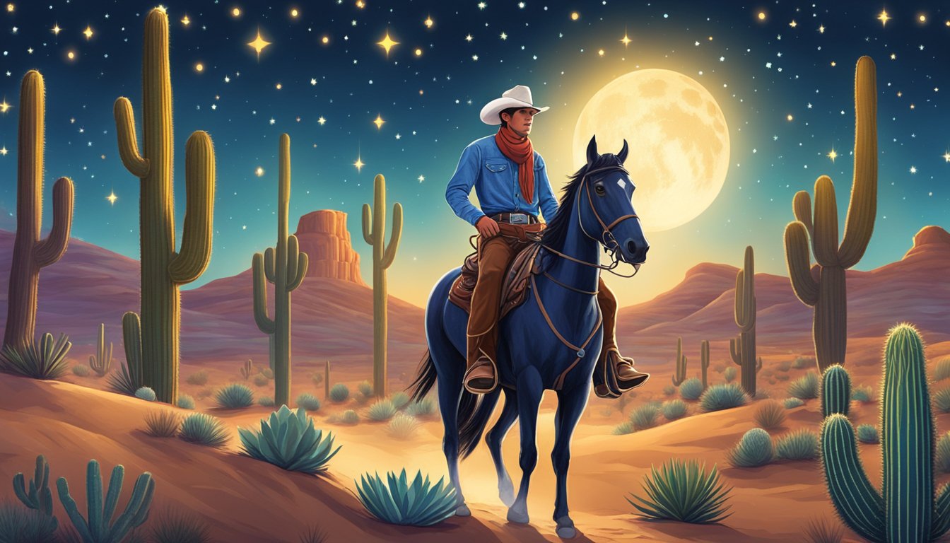 A lone cowboy rides through a desert landscape adorned with festive lights and cacti, under a starry Twixmas night sky in Texas