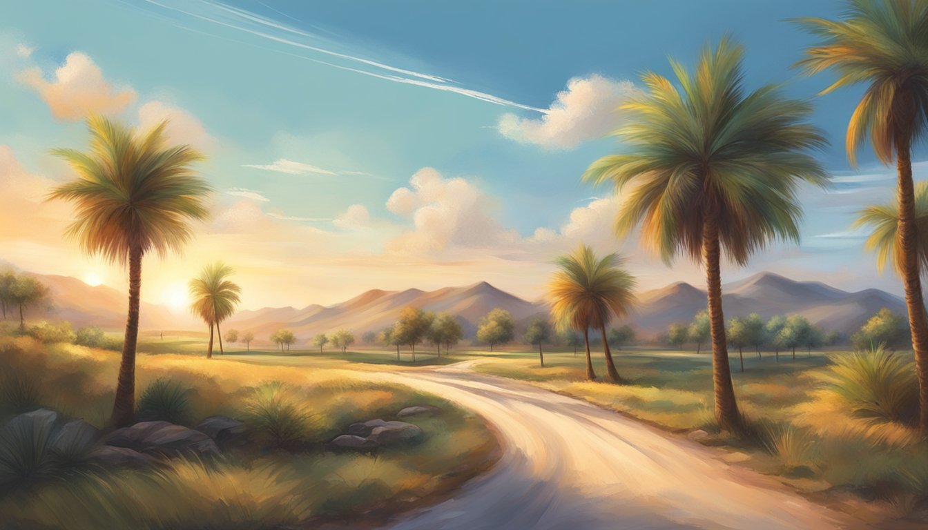 A sunny Texas landscape with palm trees, blue skies, and a warm breeze. A road winds through the scene, leading to various outdoor activities