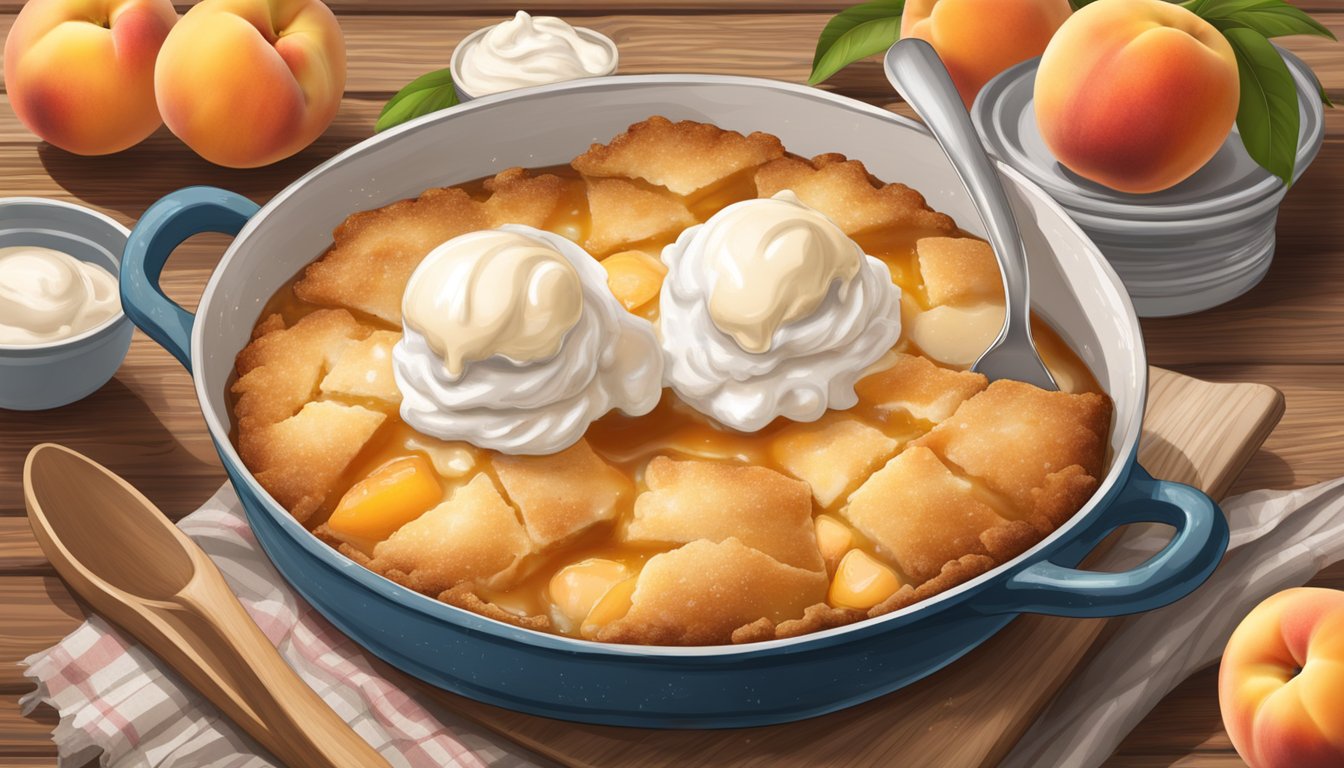 A steaming peach cobbler on a rustic wooden table, surrounded by fresh peaches and a dollop of melting vanilla ice cream