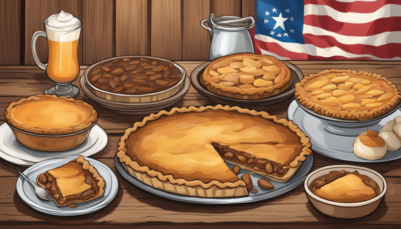 A table filled with classic Texan desserts like pecan pie, peach cobbler, and fried pies, surrounded by a rustic setting with cowboy boots and a lone star flag