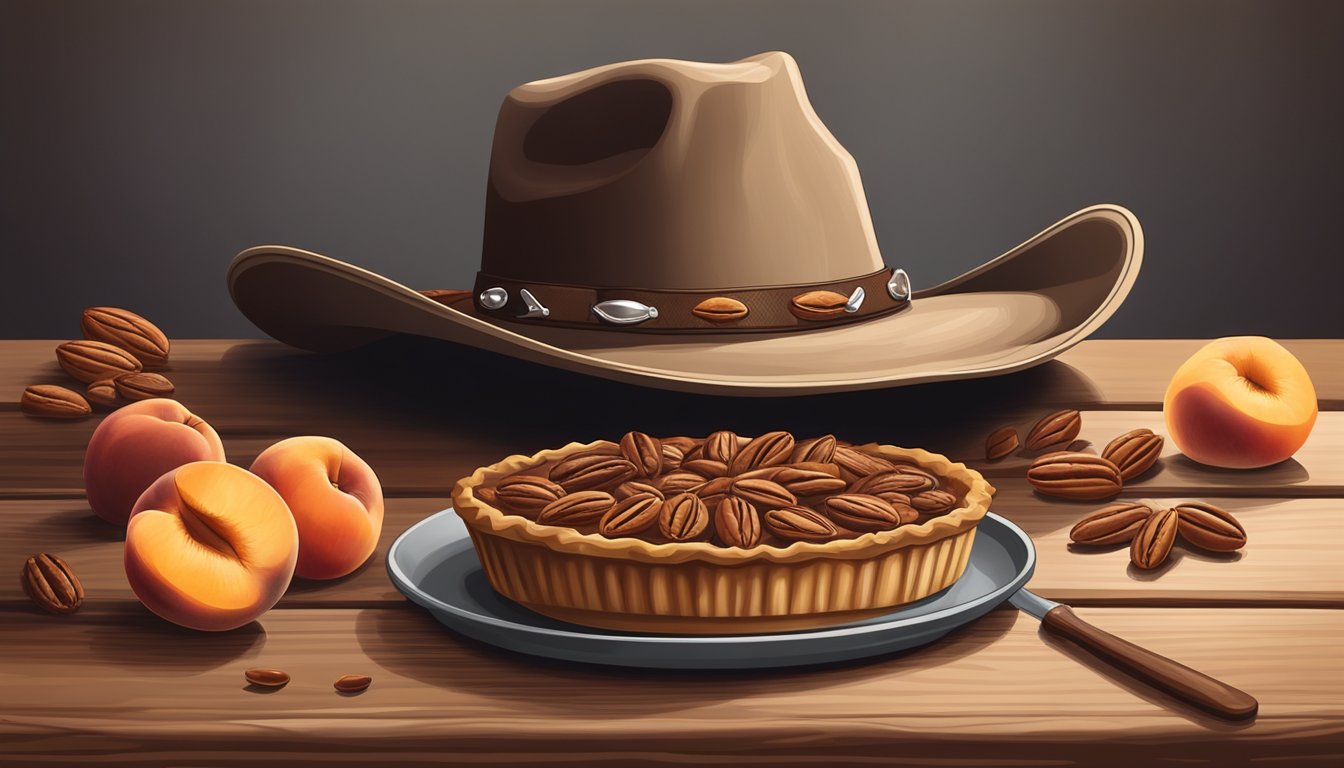 A cowboy hat on a rustic wooden table surrounded by pecans, peaches, and a slice of pecan pie