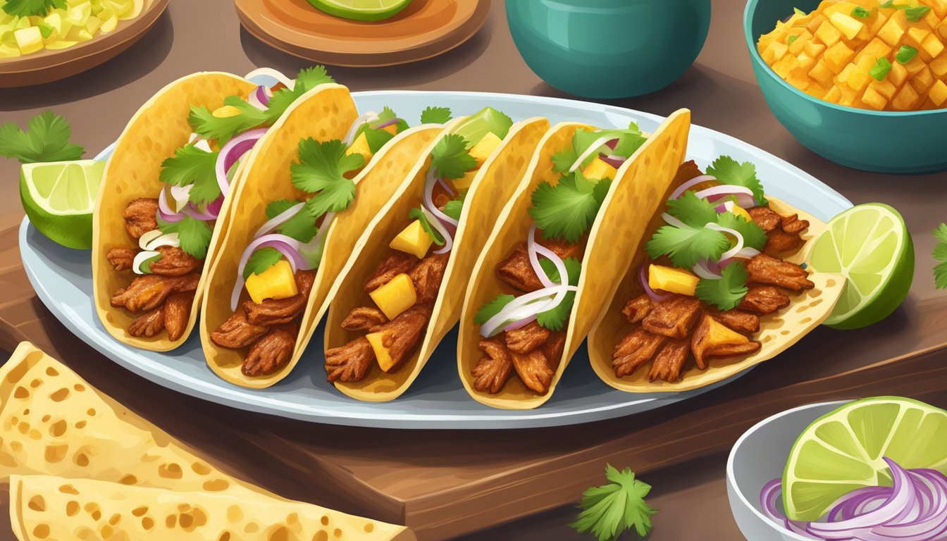 A colorful spread of tacos al pastor, with pineapple, cilantro, and onions, served on a warm tortilla