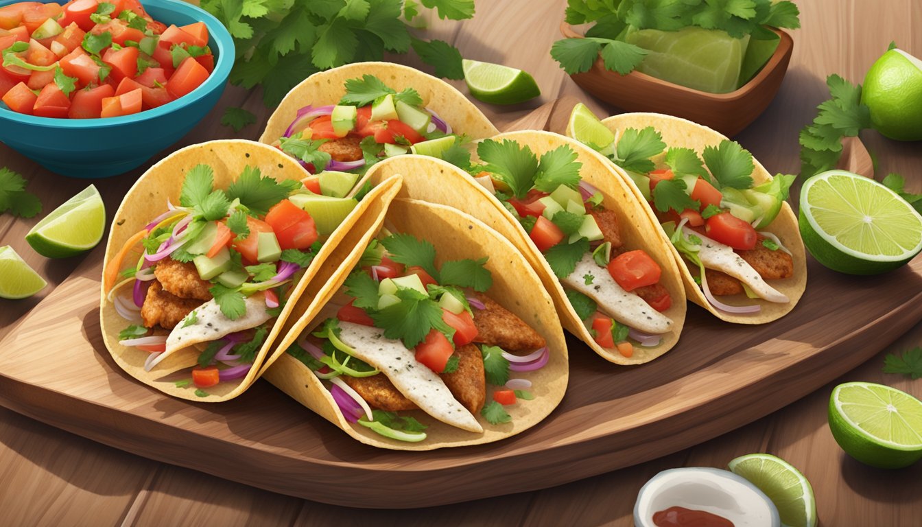 A colorful spread of various fish tacos on a wooden platter, surrounded by vibrant ingredients like cilantro, lime, and salsa