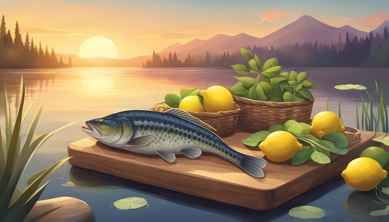 A serene lake at sunset, with fishing rods set up on the shore. A freshly caught catfish lies on a cutting board next to a basket of lemons and a bowl of herbs