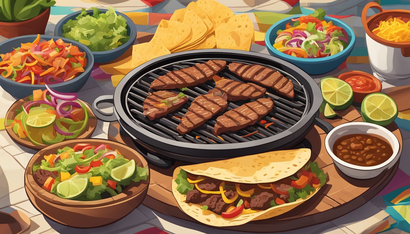 A sizzling grill with marinated beef strips, surrounded by colorful toppings and warm tortillas, evoking the essence of Texas taco culture