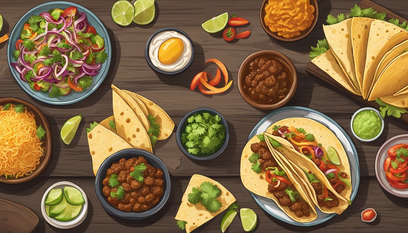 A spread of various Texas taco types displayed on a rustic wooden table with colorful garnishes and regional ingredients