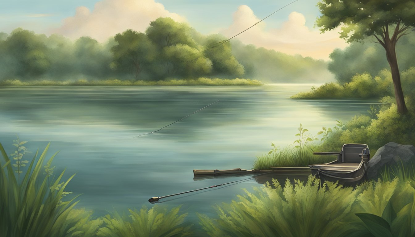 A serene Texas lake with a lone fishing rod casting into the water, surrounded by lush greenery and the promise of a delicious catfish meal