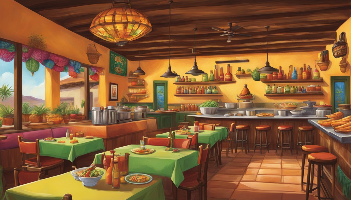 A bustling Tex-Mex cantina with vibrant decor, sizzling fajitas, and margaritas on every table. The aroma of spices and sizzling meats fills the air