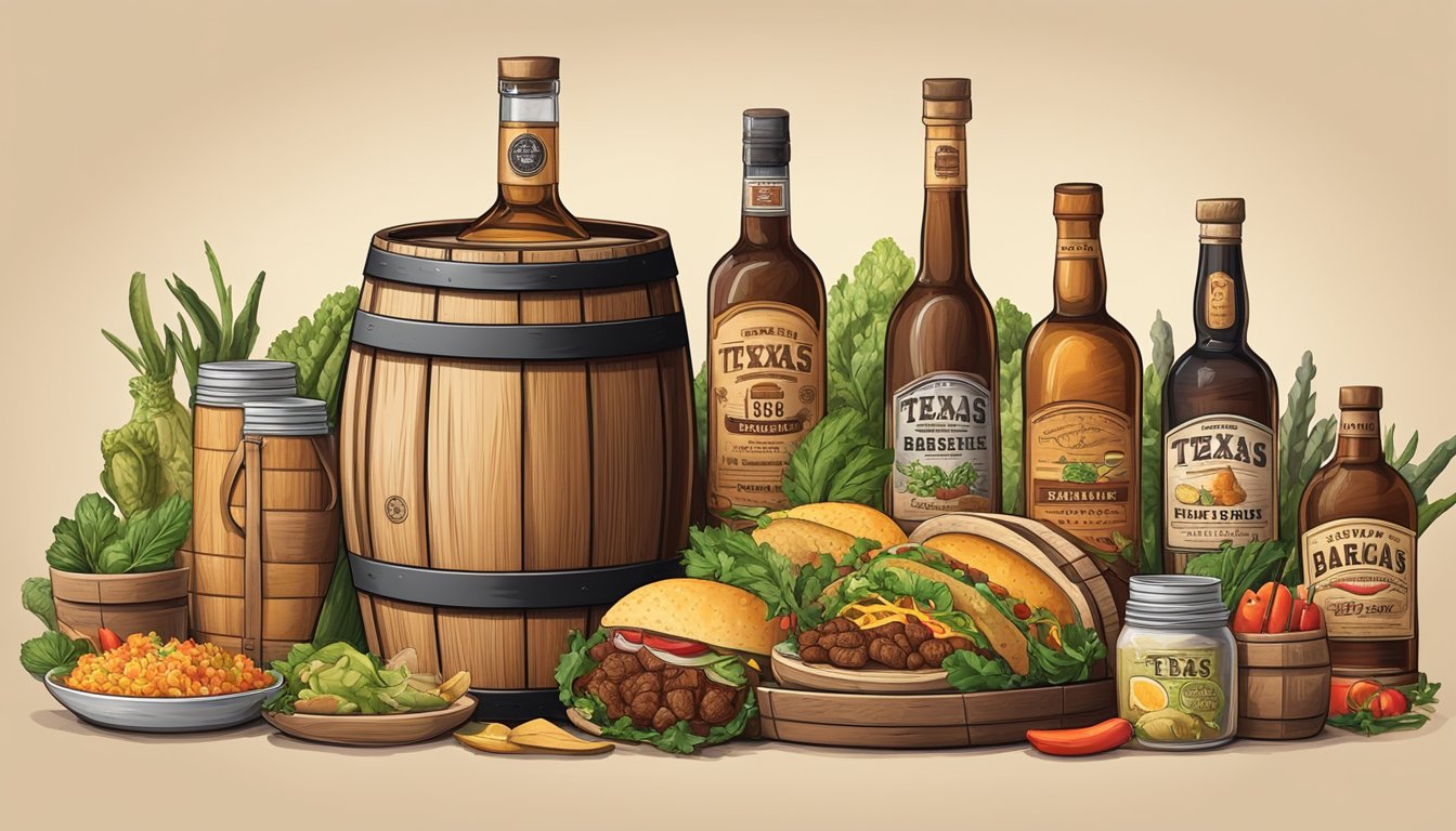 A rustic Texas whiskey barrel surrounded by trendy Texas food items like barbecue, tacos, and local produce