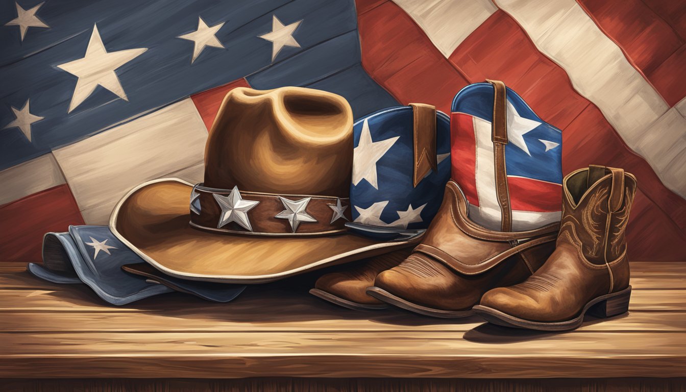 A cowboy hat, cowboy boots, a lone star flag, and a pair of longhorns arranged on a rustic wooden table