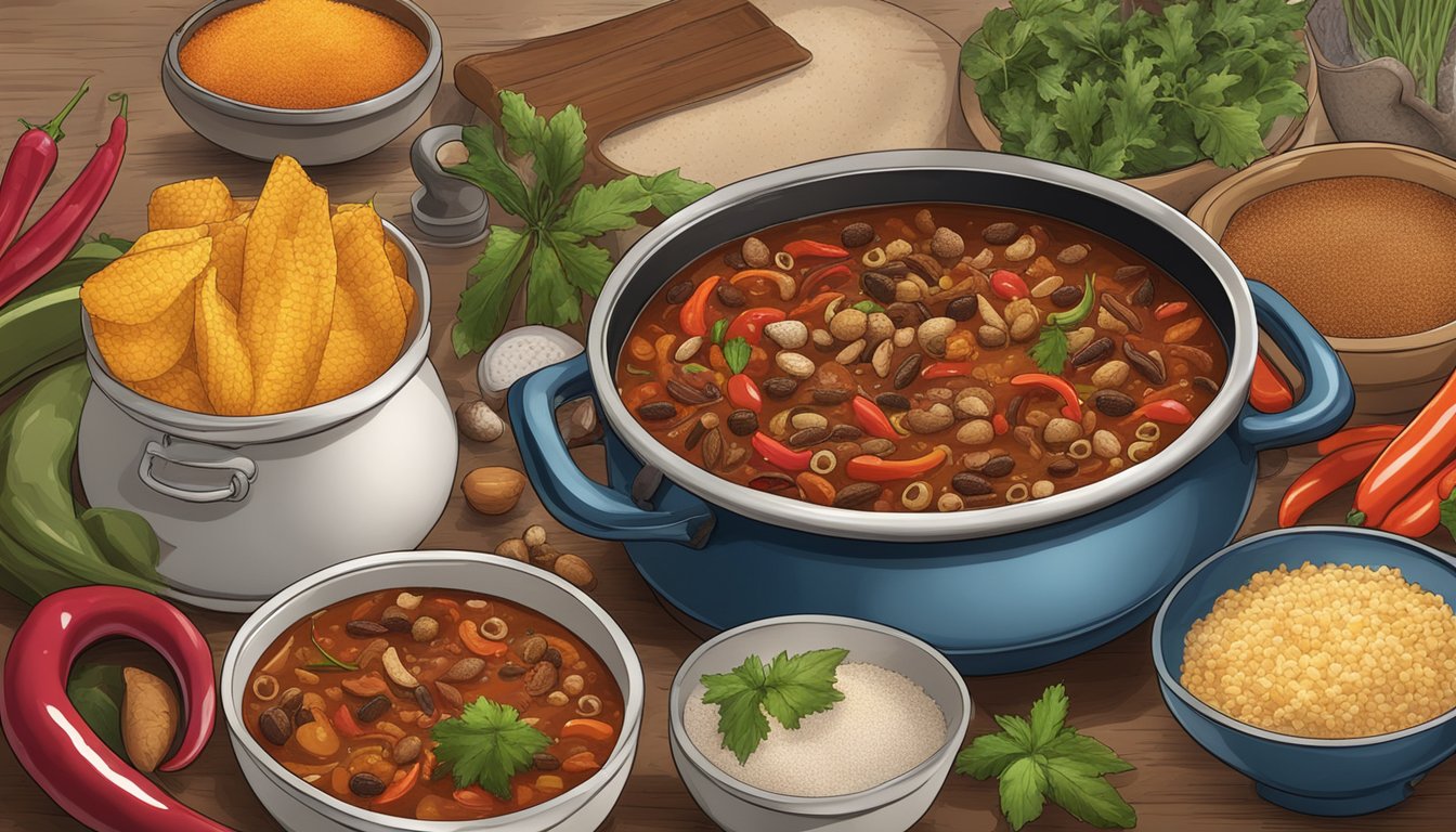 A steaming pot of rattlesnake chili surrounded by Texan food ingredients and spices