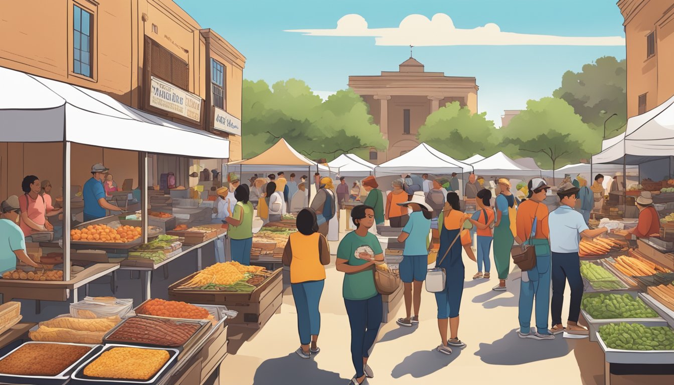 A bustling Texas farmer's market with vendors selling BBQ, tacos, and artisanal food products, while customers sample and chat