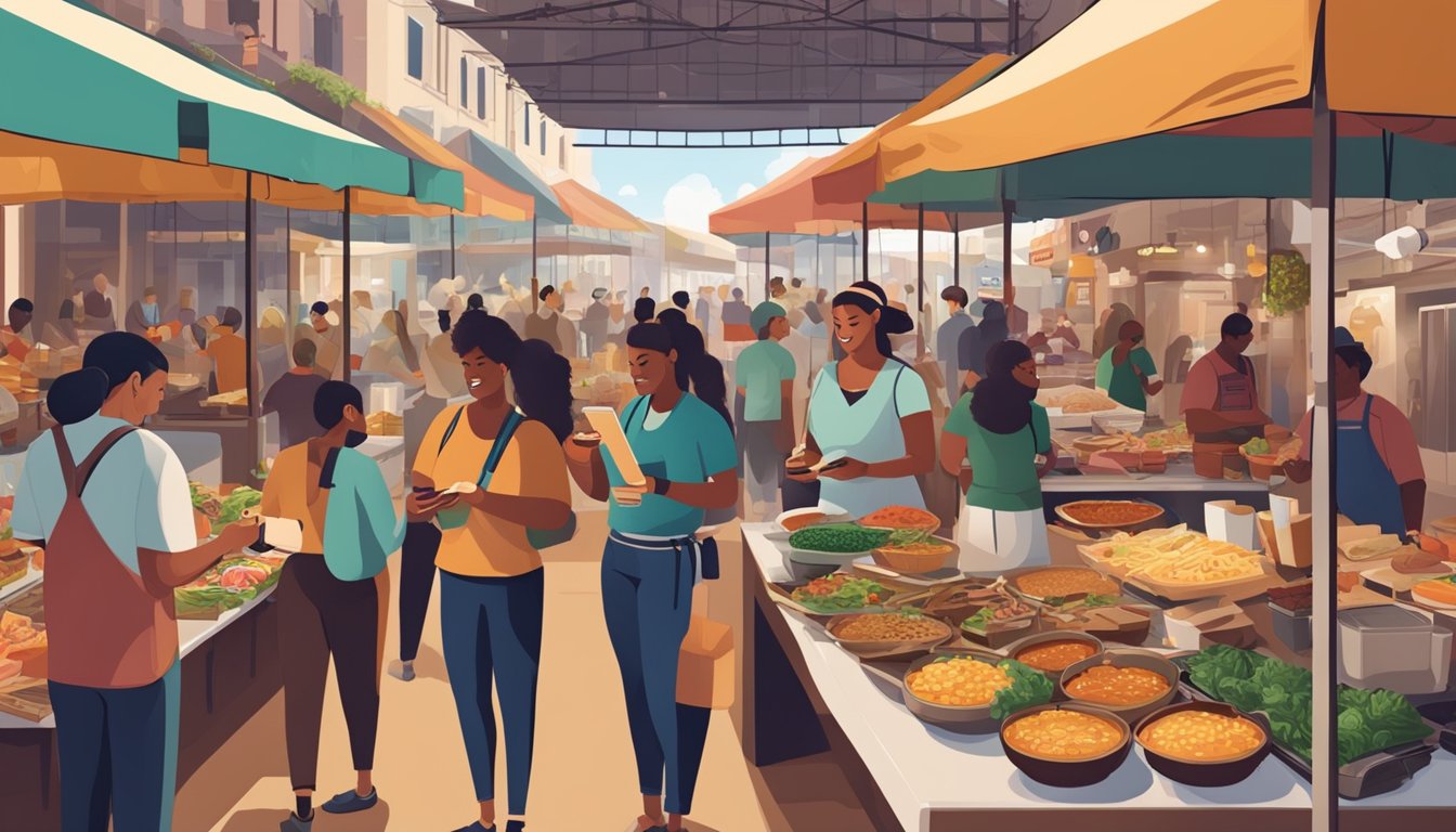 A bustling Texas food market with vendors showcasing diverse cuisines while people engage with their phones, capturing and sharing their culinary experiences on social media