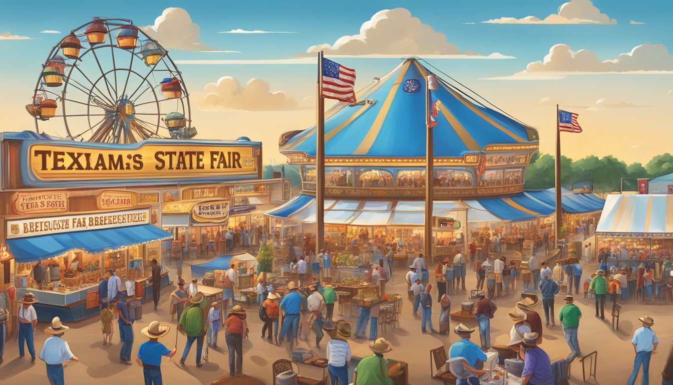 A bustling Texas State Fair with iconic symbols of the state: cowboy hats, boots, longhorn cattle, bluebonnet flowers, and barbecue