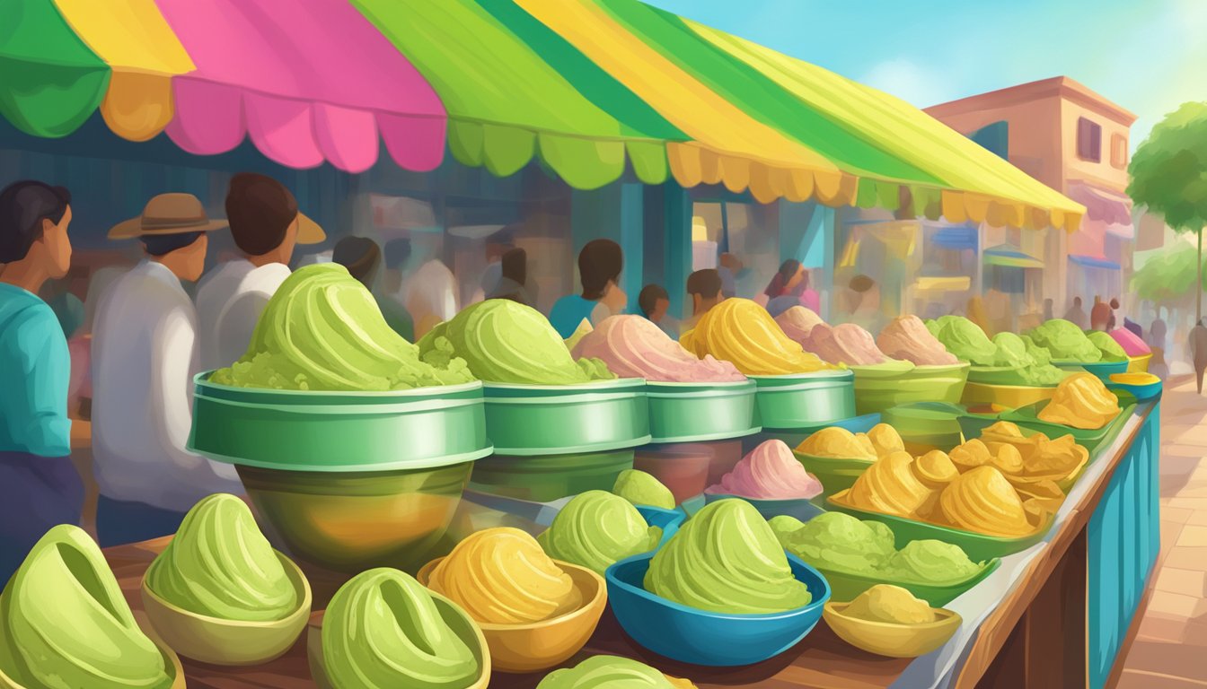 A vibrant display of avocado and lime ice cream scoops in a colorful Mexican market setting