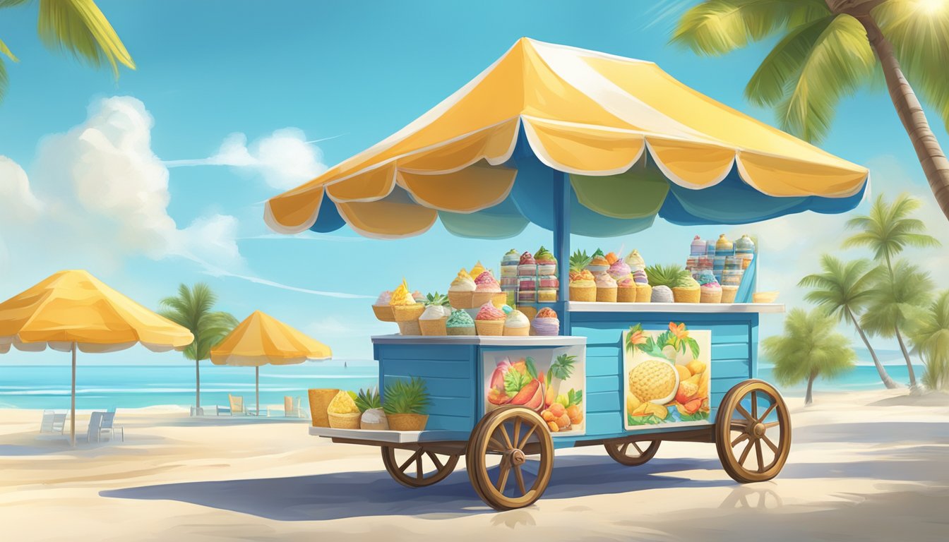 A tropical beach setting with a colorful cart selling Coconut Tres Leches ice cream flavors under a bright sun and clear blue sky