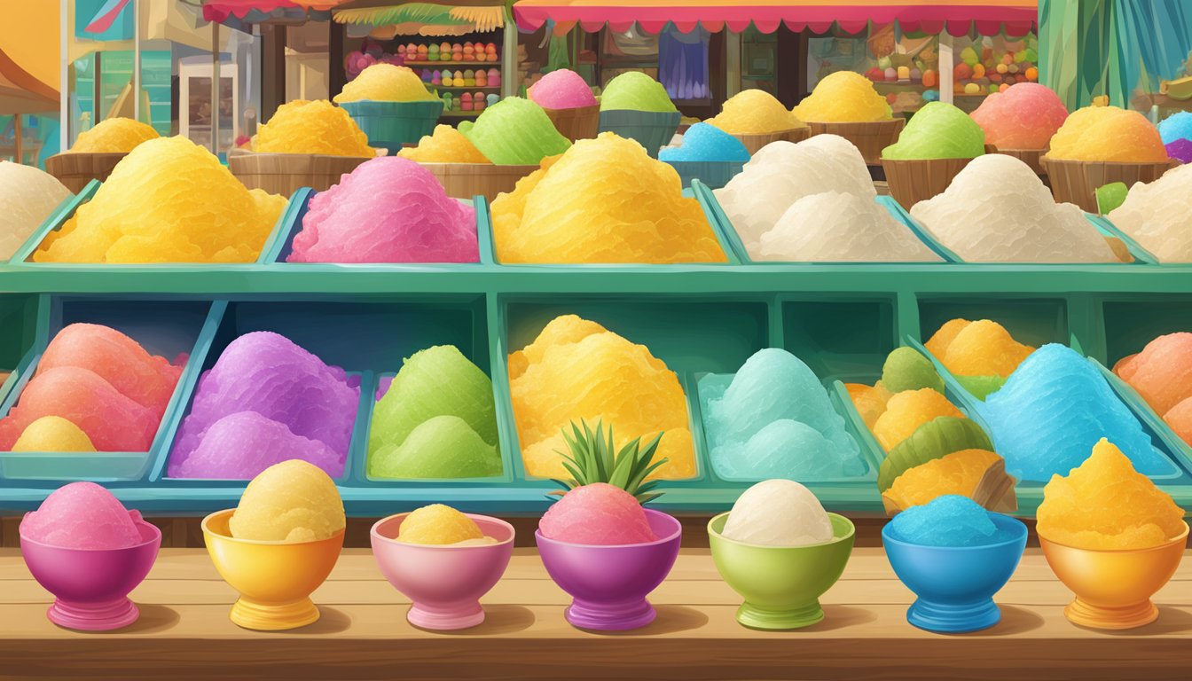 A colorful display of Piña Colada ice cream scoops in a traditional Mexican market setting