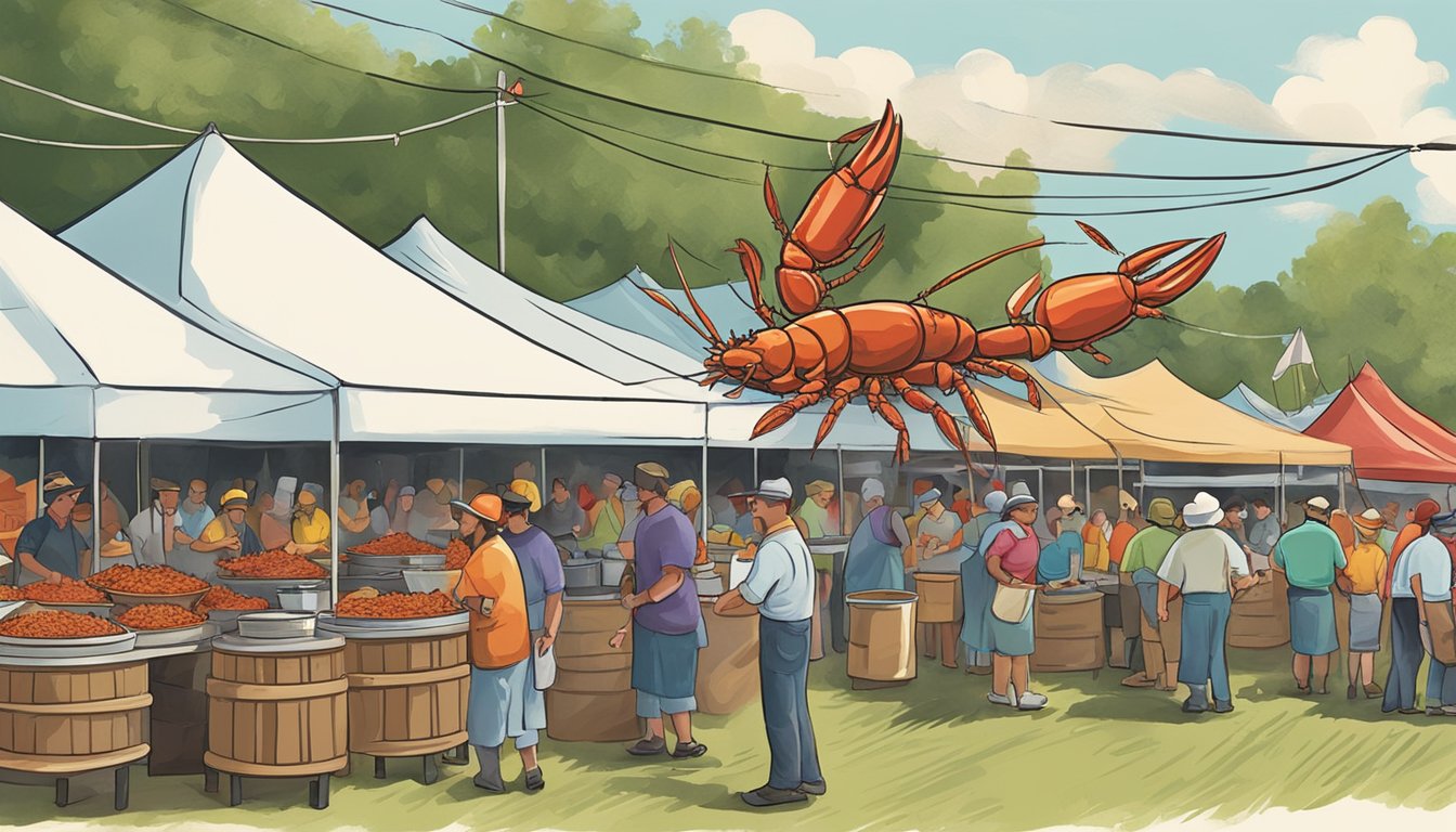 Crowds gather around colorful food booths at a Texas crawfish festival, with the aroma of Cajun spices filling the air. Steam rises from large pots of boiling crawfish, while chefs prepare other Southern delicacies