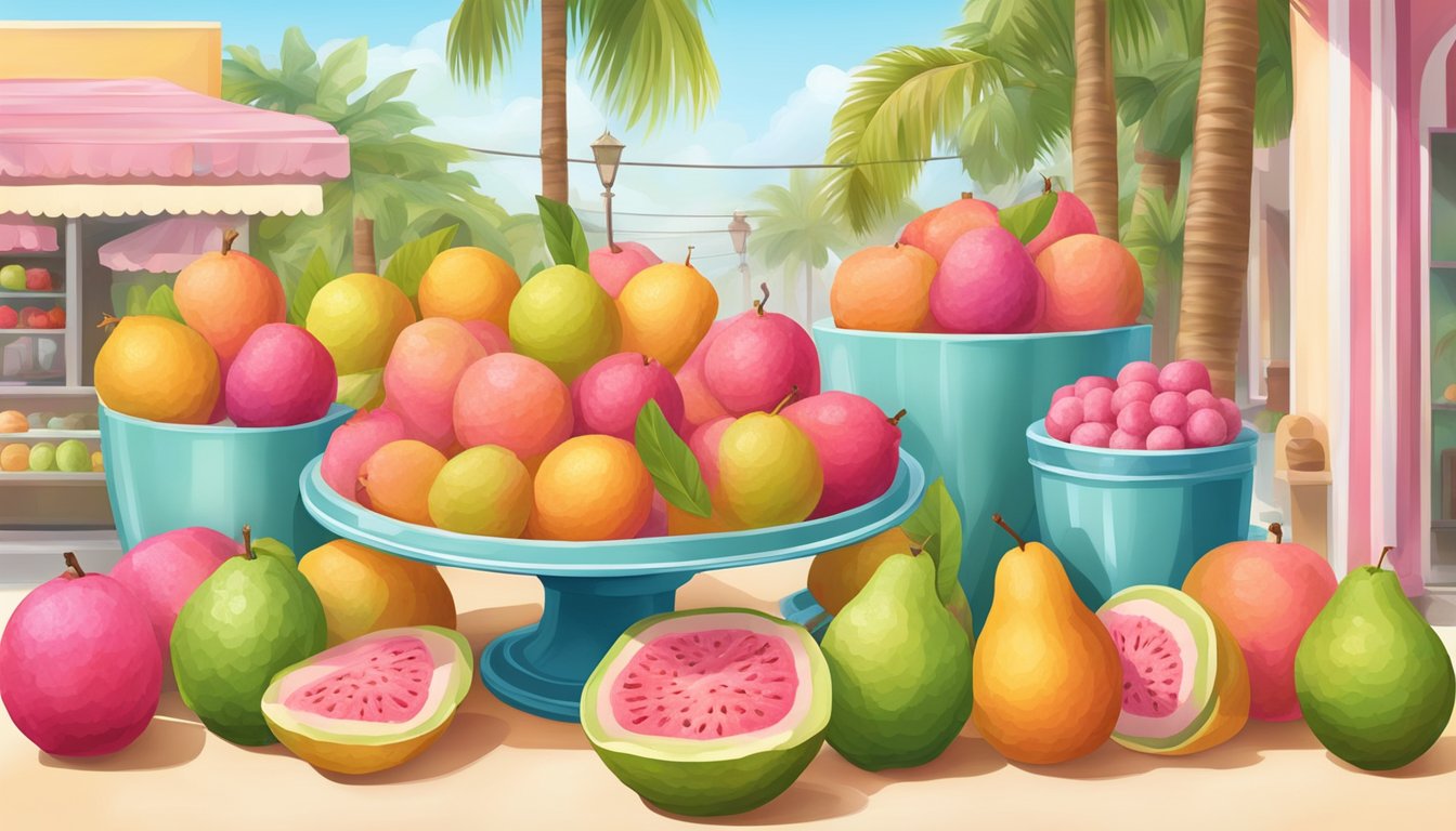 A colorful array of guava, cream, and other tropical fruits arranged in a vibrant ice cream parlor setting