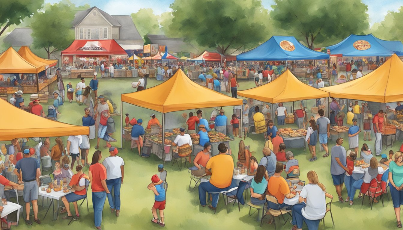 A bustling Texas crawfish festival with vendors, live music, and families enjoying the outdoor event