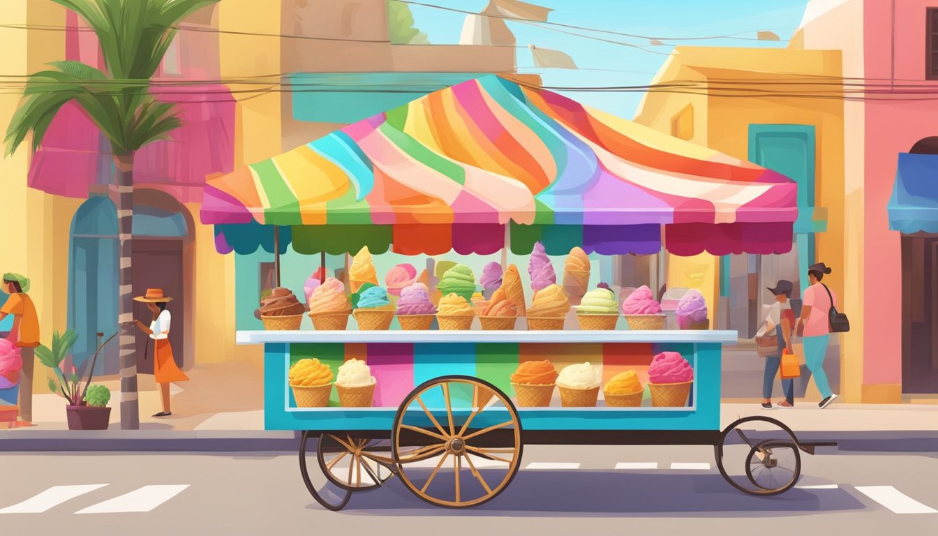 A colorful cart selling modern Mexican ice cream flavors in a bustling street market. Brightly decorated cones and vibrant scoops of ice cream draw in customers