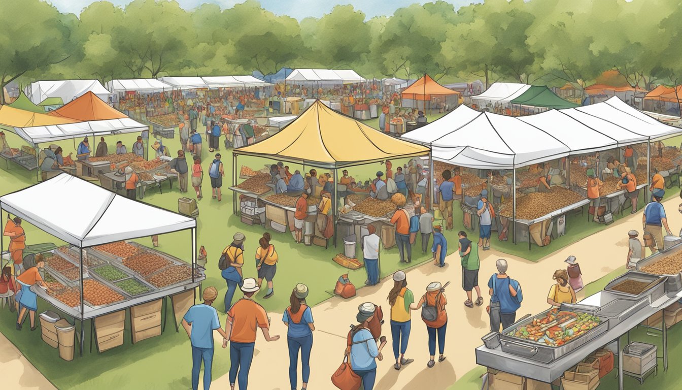 A bustling Texas crawfish festival with eco-friendly practices, featuring reusable utensils, compost bins, and solar-powered stages