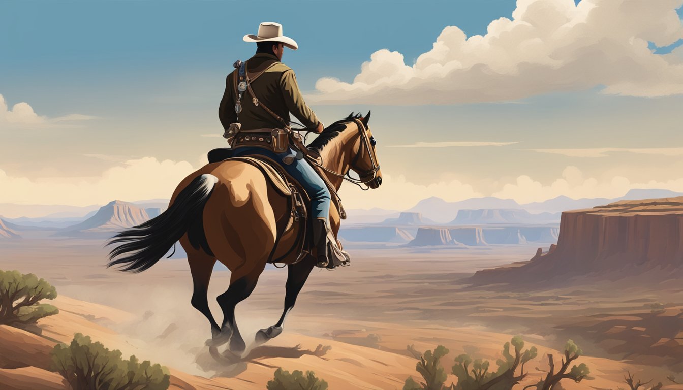 A lone Texas Ranger rides across a vast, rugged landscape, with iconic symbols of the state in the background