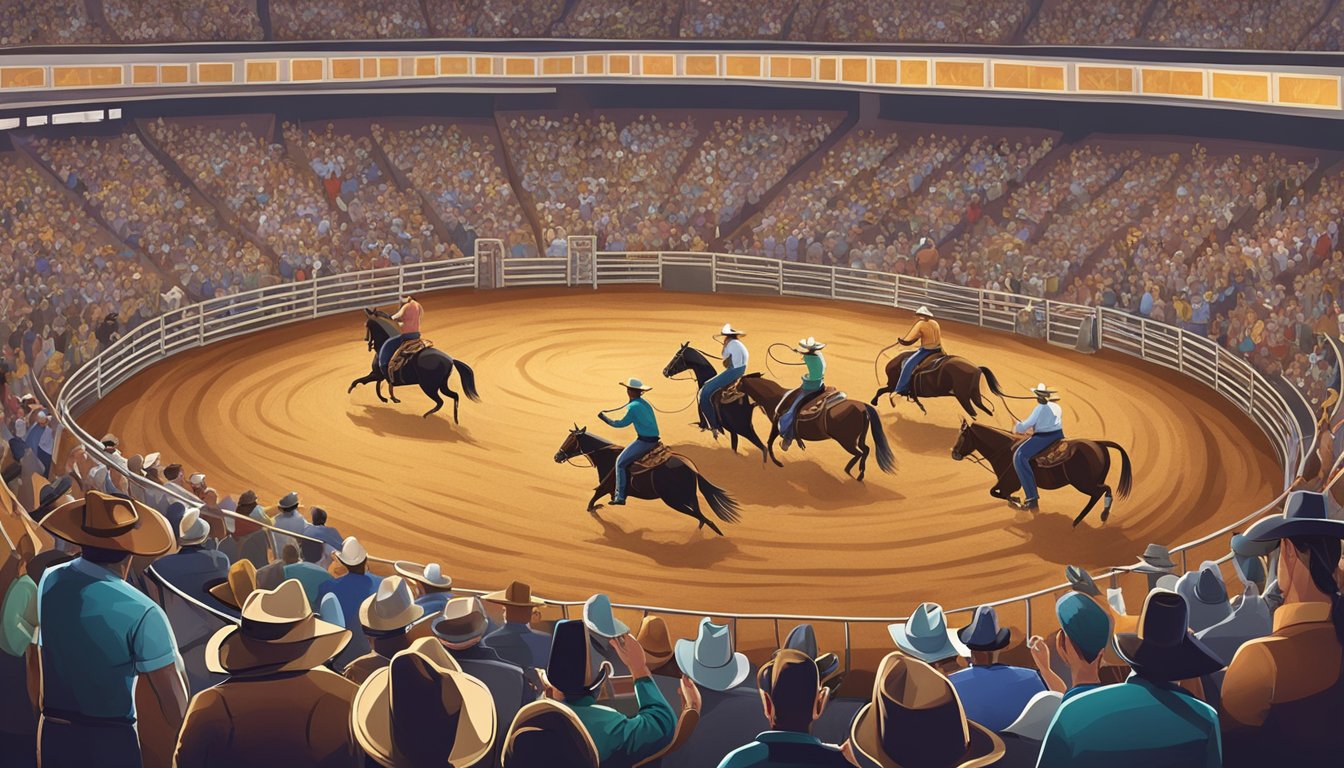 A bustling rodeo arena with cowboys riding bulls, spectators cheering, and a live country band playing on stage