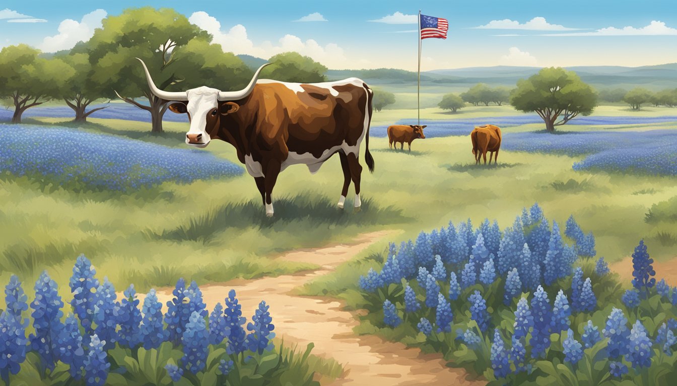 A Texas landscape with iconic symbols such as cowboy hats, longhorn cattle, bluebonnet flowers, and a lone star flag flying in the wind