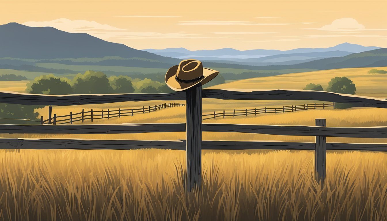 A lone cowboy hat rests on a weathered wooden fence post, surrounded by vast open fields and a distant silhouette of the Texas Hill Country