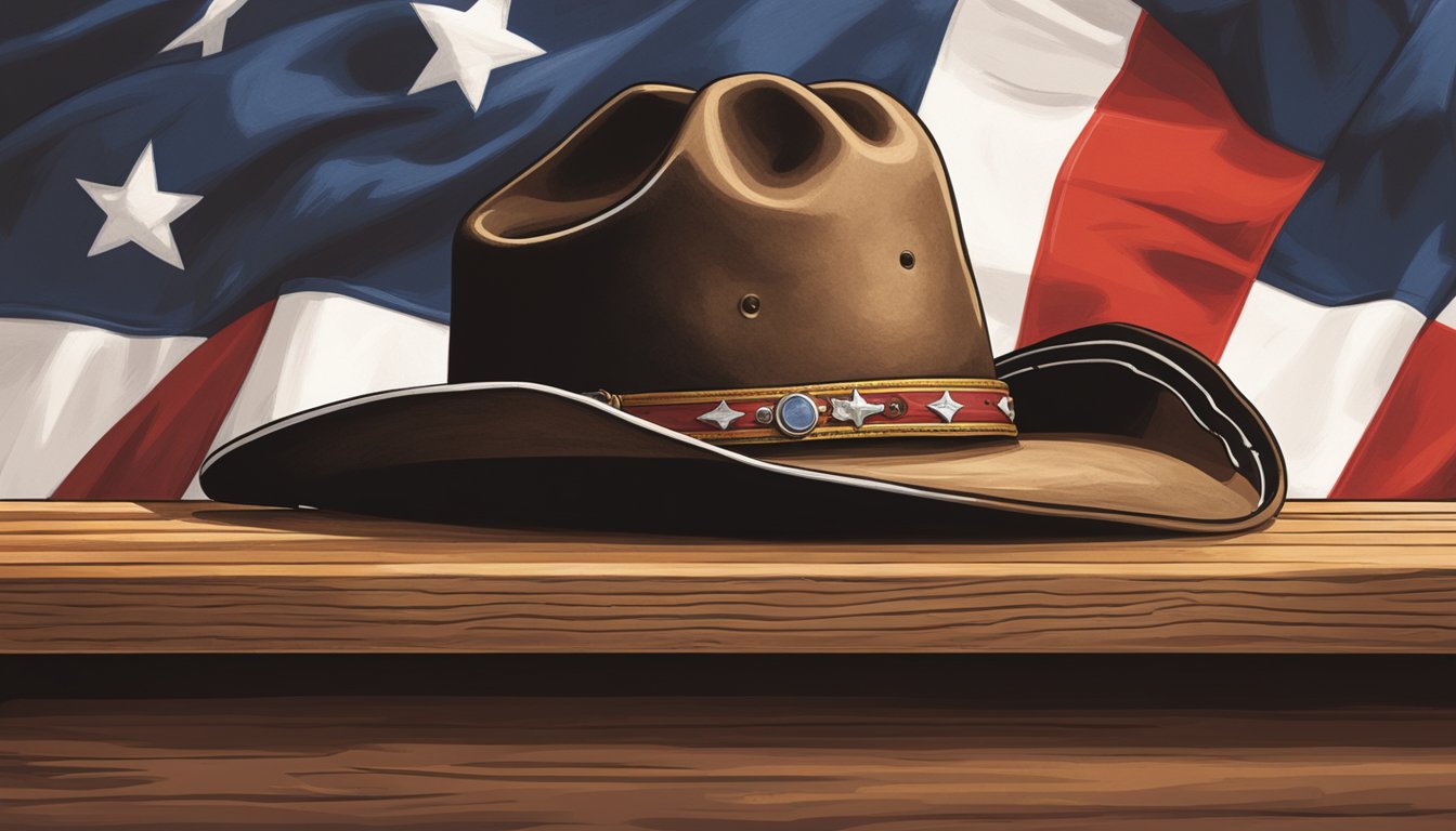 A cowboy hat resting on a wooden bar counter, with a bottle of Shiner Bock beer and a Texas flag hanging in the background