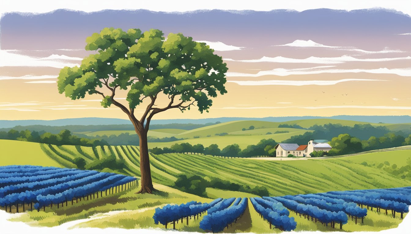 Rolling hills of vineyards in the Fredericksburg Wine Region, with a lone oak tree standing tall. The Texas landscape is dotted with iconic symbols, from cowboy boots to bluebonnets