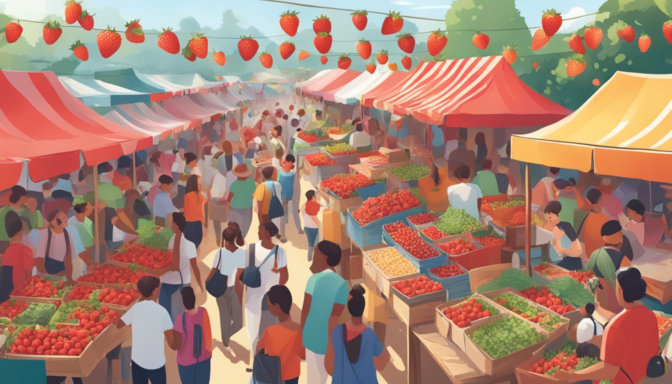 A bustling outdoor market filled with vibrant red strawberries, colorful food stalls, and excited festival-goers