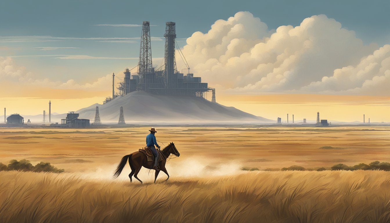 A lone cowboy riding through the vast plains of Texas, with a backdrop of sprawling ranches and oil rigs on the Gulf Coast