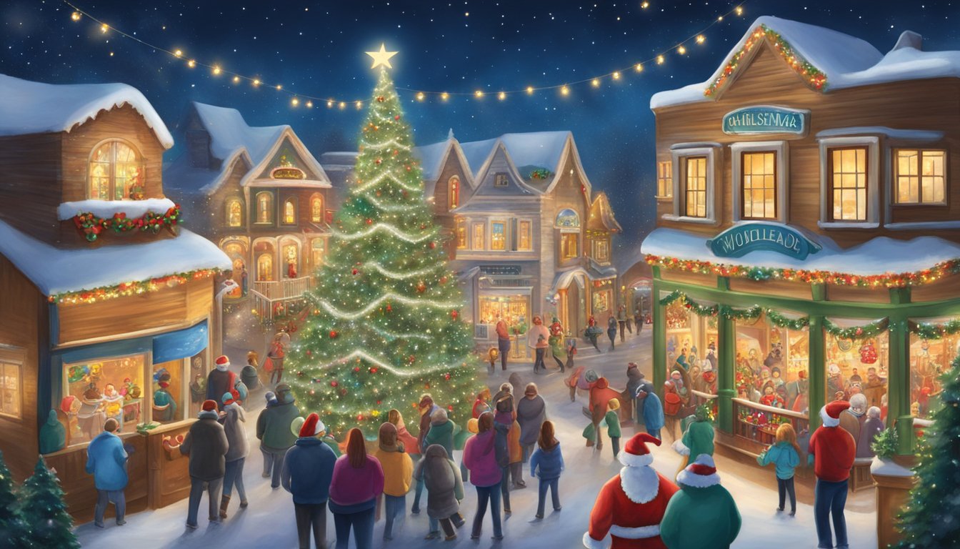 A festive Texas Christmas scene with Santa's Wonderland, complete with holiday decorations, twinkling lights, and joyful guests enjoying the event