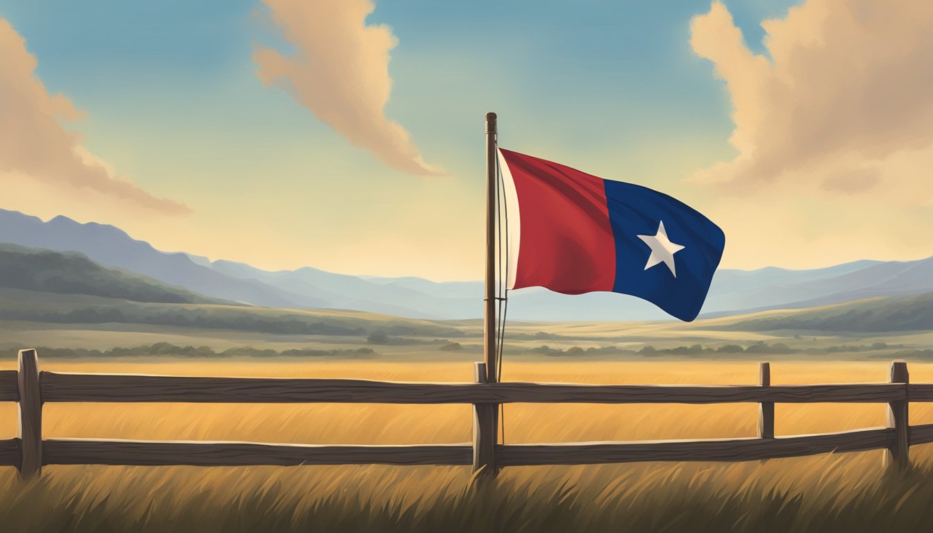 The Texas flag waving in the wind against a backdrop of the vast open sky and rolling plains, with a lone cowboy hat resting on a wooden fence post