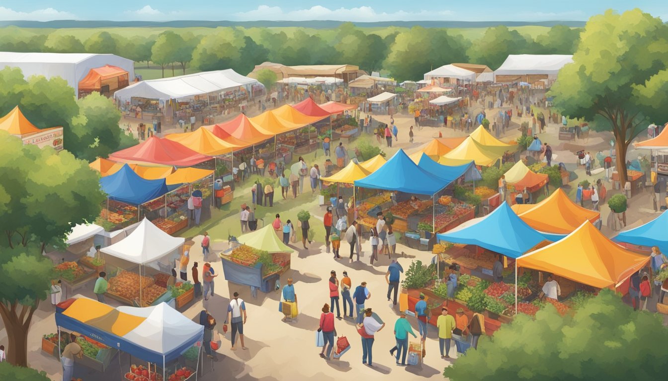 A bustling Texas food festival with colorful tents, fresh strawberries, and local agriculture on display