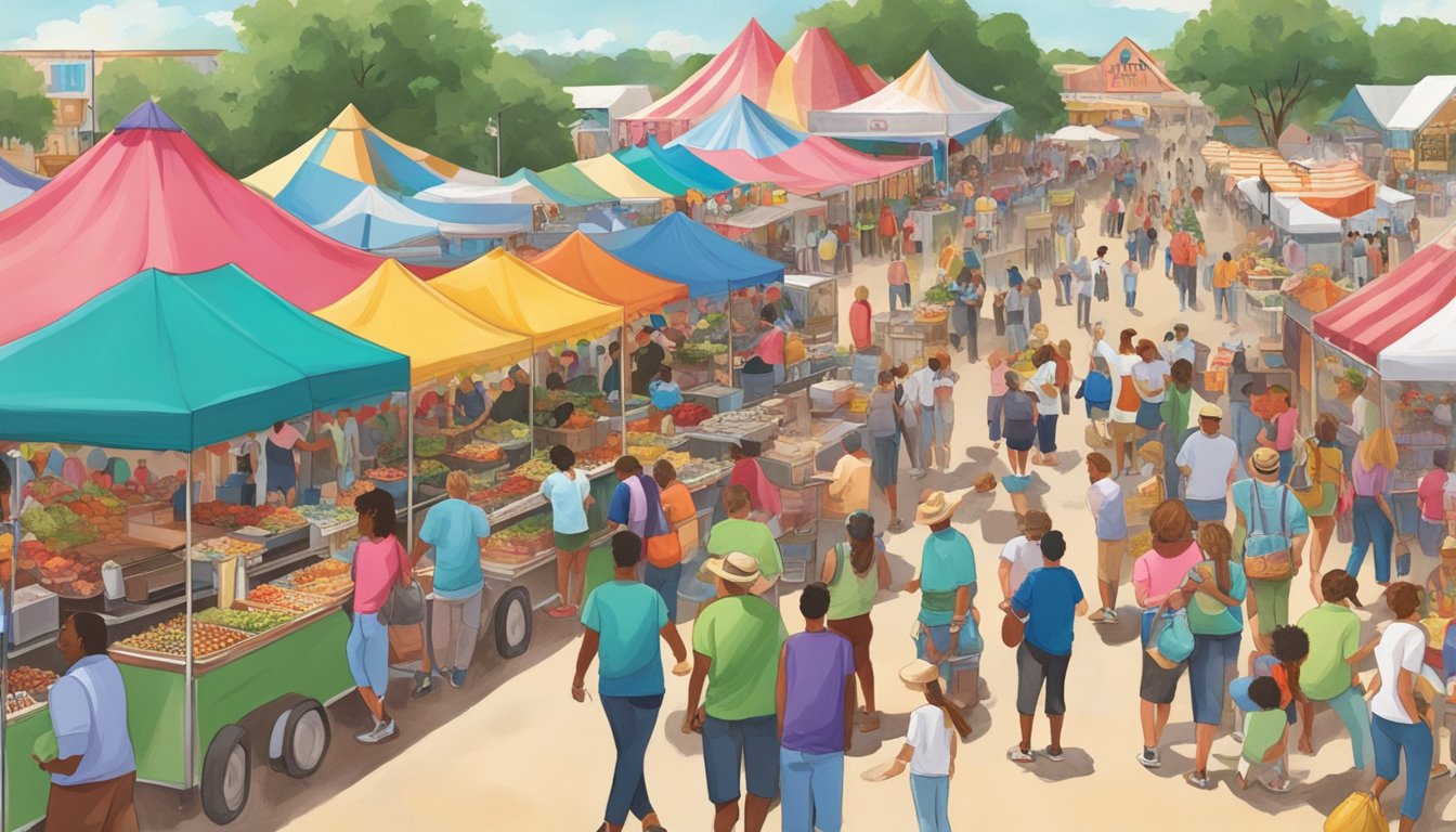 A bustling festival scene with colorful food vendors, live music, and families enjoying the Poteet Strawberry Festival in Texas