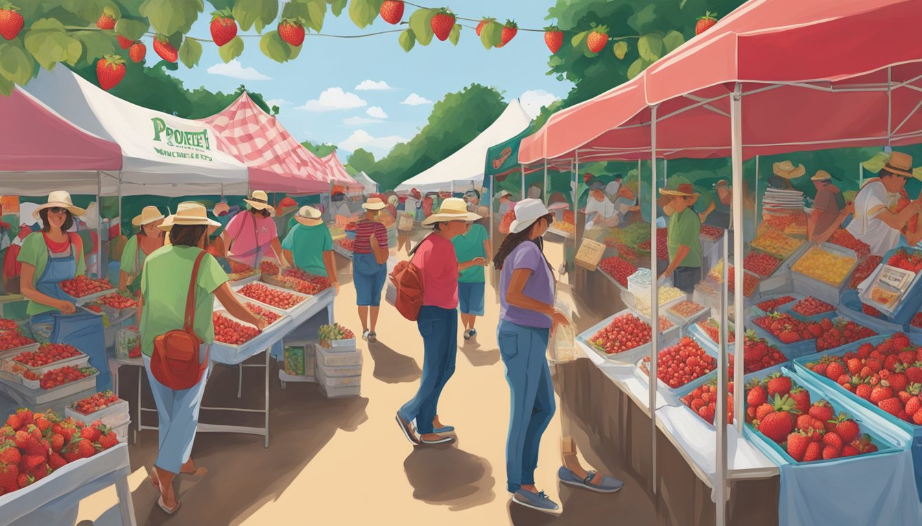 A vibrant display of Poteet Strawberry Festival merchandise and souvenirs, including t-shirts, hats, and strawberry-themed items, is showcased at a bustling vendor booth