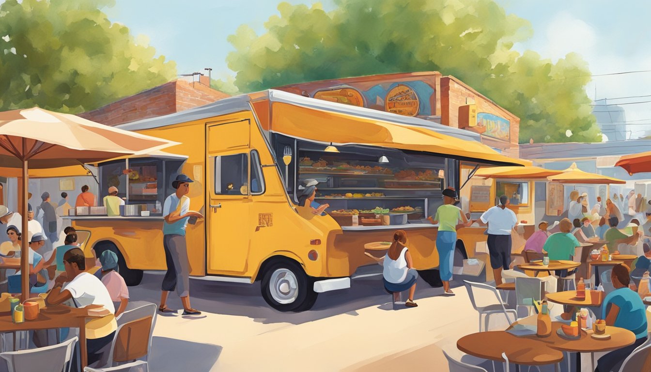 Colorful outdoor patio, bustling with patrons. Vibrant murals line the walls, while the scent of sizzling meats and spices fills the air. Iconic taco truck stands at the center, drawing in hungry visitors