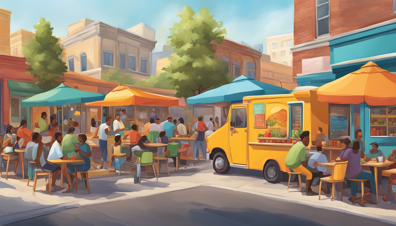 A bustling street corner with colorful taco trucks and lively outdoor seating, surrounded by vibrant murals and the scent of sizzling meats and spices