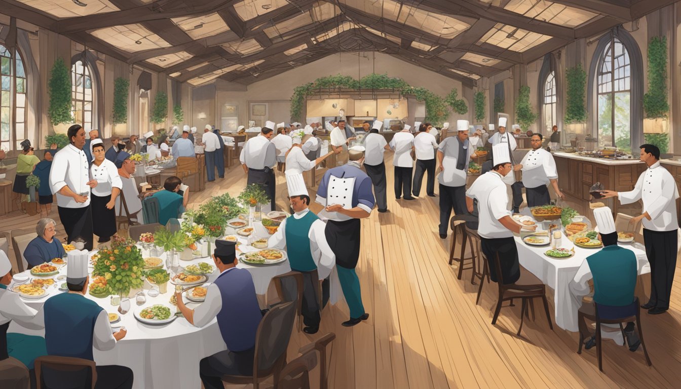 A bustling event hall with chefs showcasing dishes, guests mingling, and auction items displayed