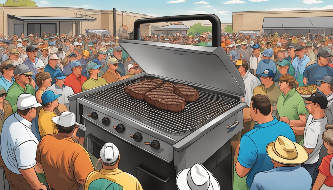 A sizzling steak on a grill, surrounded by a crowd of onlookers at the Amarillo Steak Championship