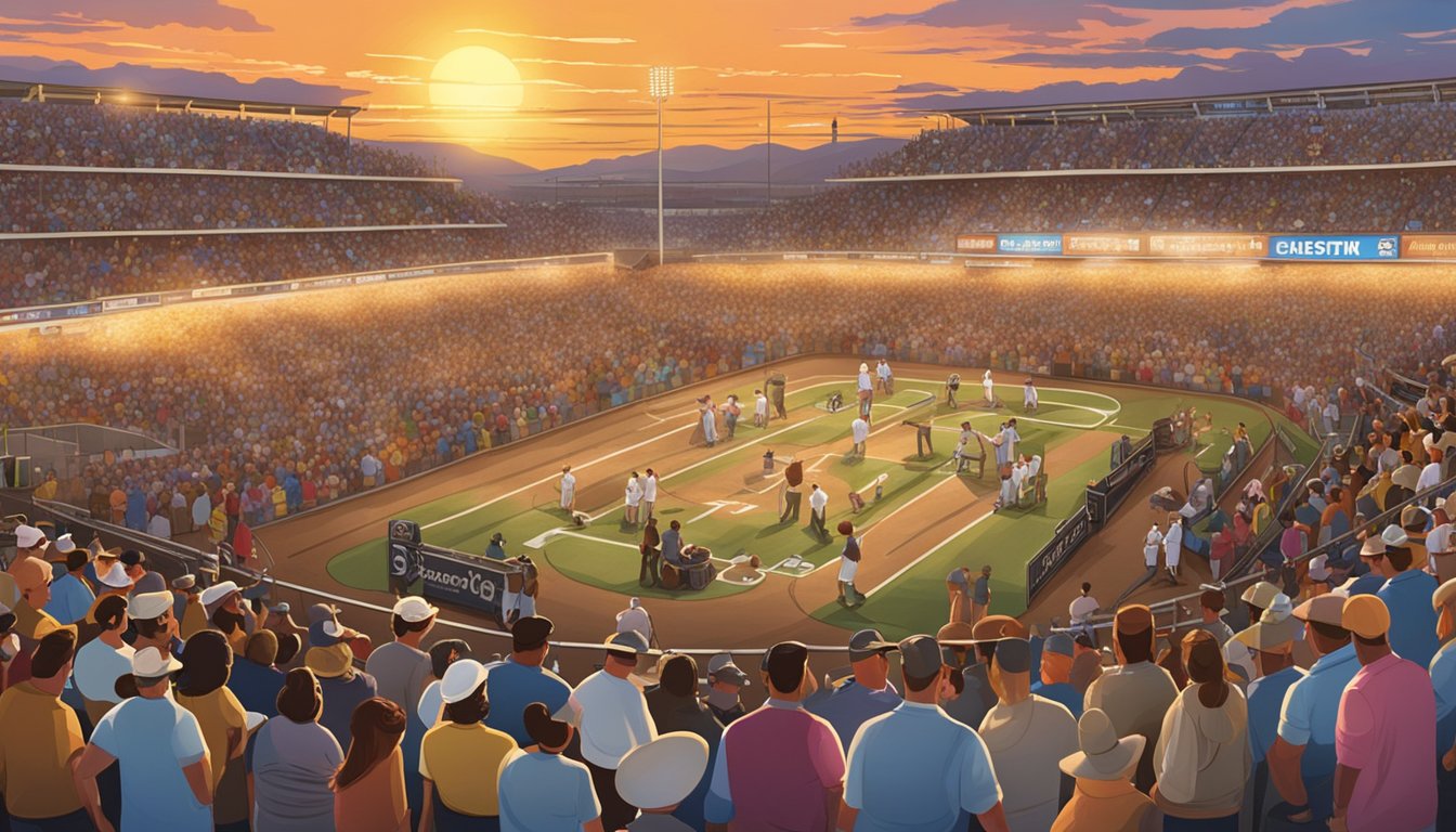 A crowded outdoor arena at sunset, filled with cheering spectators and sizzling grills, as chefs compete in the Amarillo Steak Championship