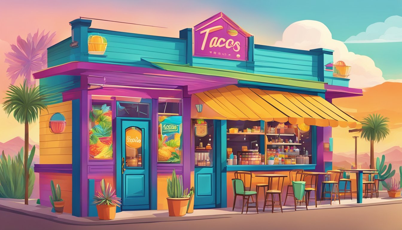 A vibrant and bustling taco hotspot in Phoenix, Texas, with colorful decor and a lively atmosphere