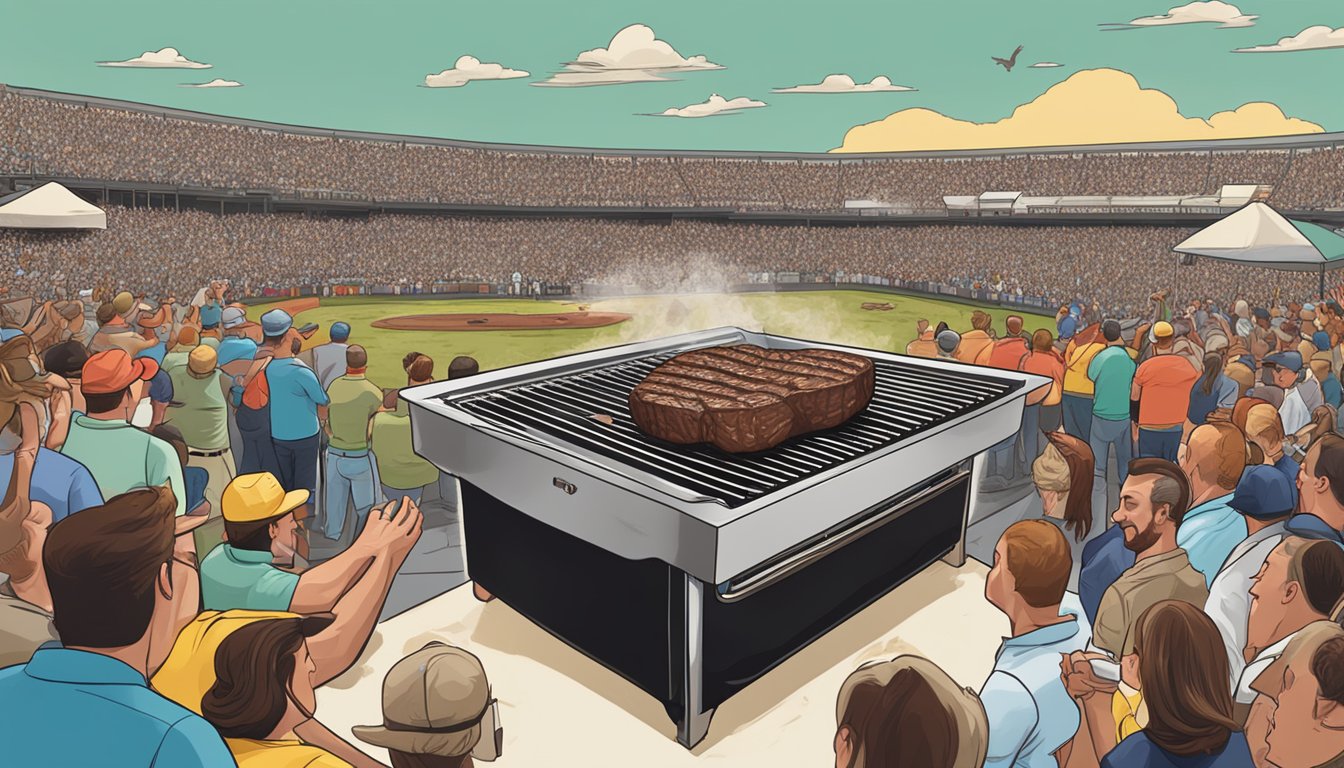 A sizzling steak on a grill surrounded by cheering spectators at the amarillo steak championship