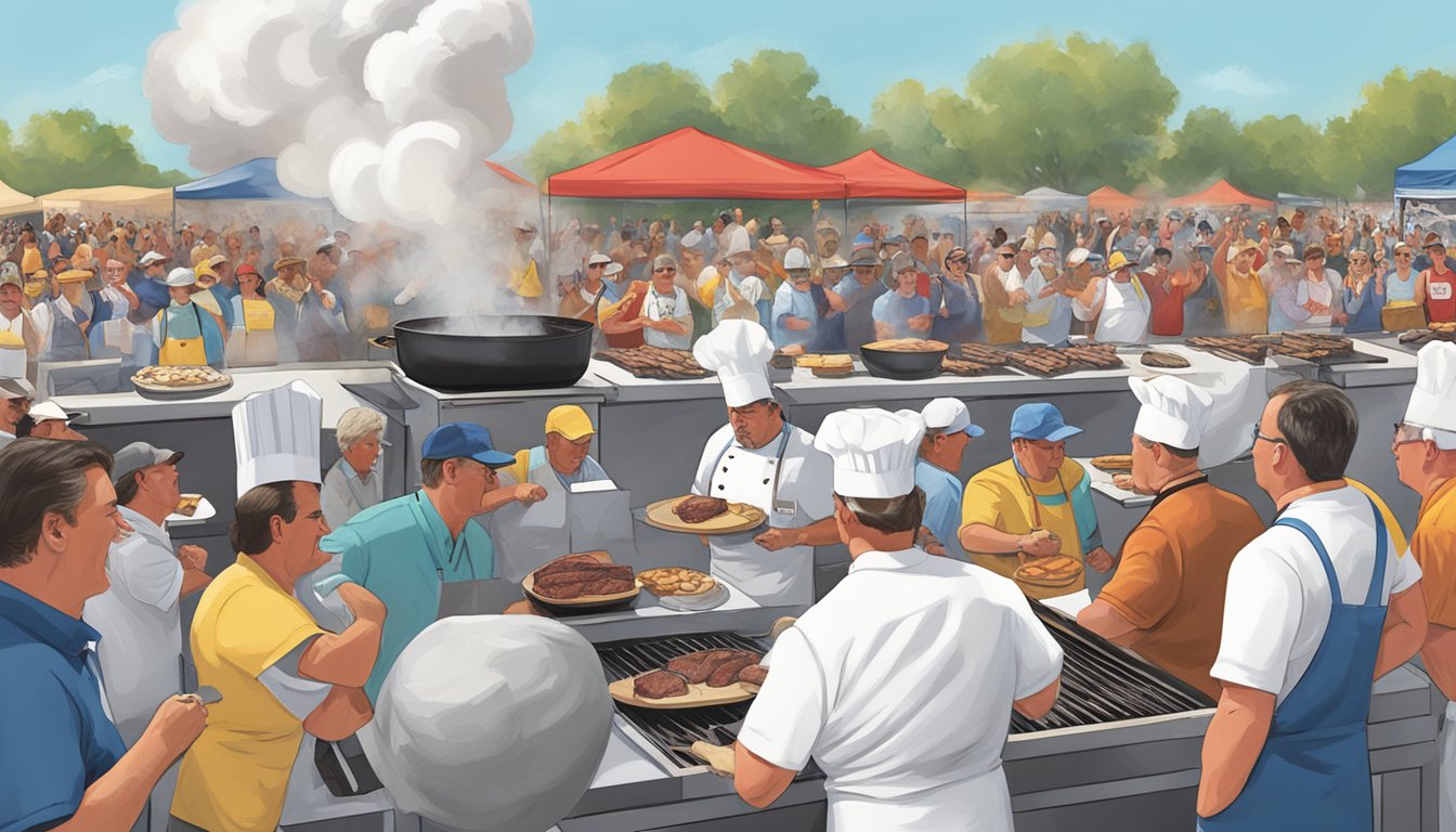 Crowds cheering as chefs grill steaks at Amarillo Steak Championship. Smoke billows from grills, while judges sample the sizzling creations